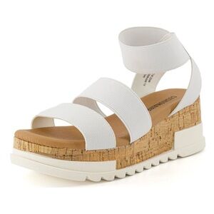 Cushionair Womens White Cork Platform Sandal with Ankle Strap